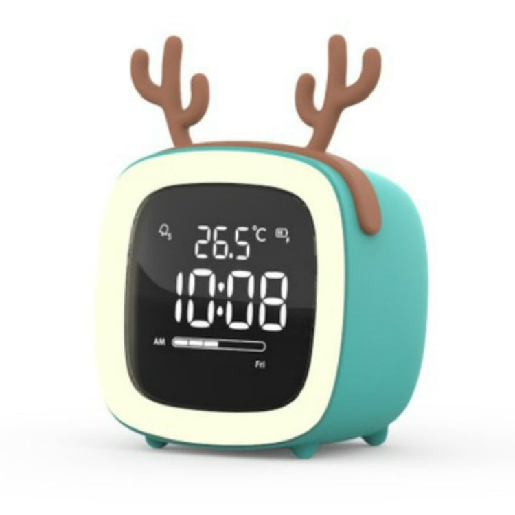 Teal deer-shaped kids LED alarm clock, black screen showing time and temperature