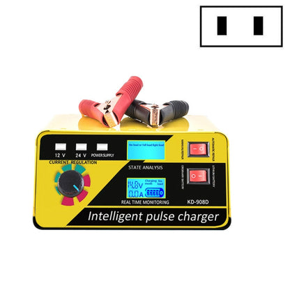 Yellow intelligent pulse battery charger with LCD screen and red clamp leads