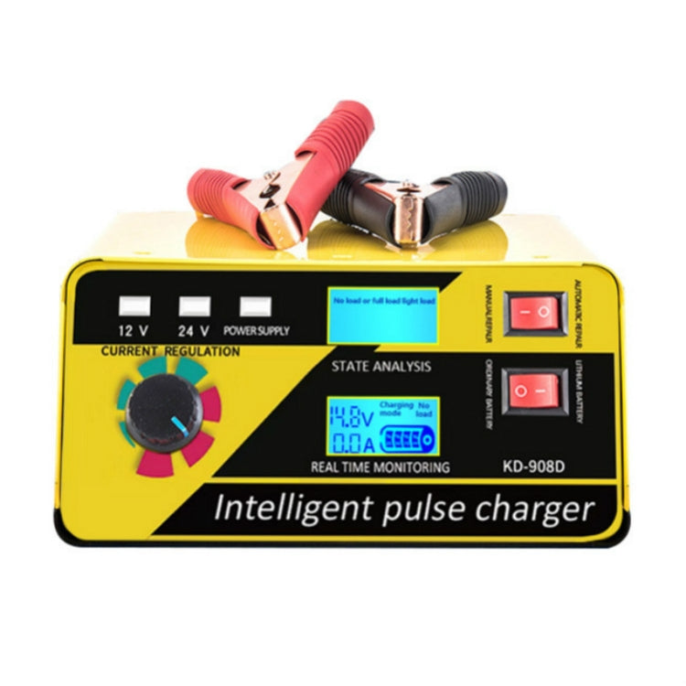 Yellow intelligent pulse battery charger with LCD display, power switch, and clamp leads