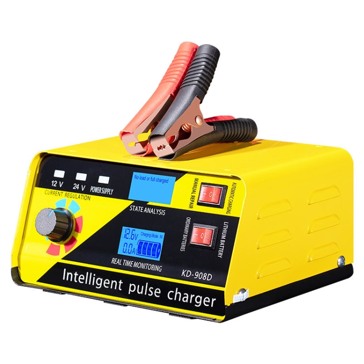 Yellow intelligent pulse battery charger side view with LCD display and red clamp leads