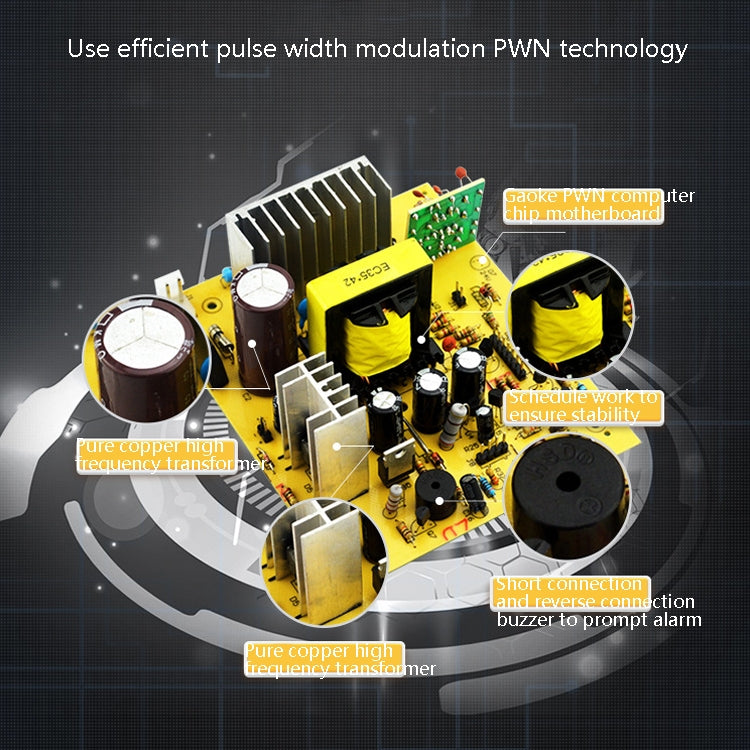 Intelligent pulse charger PCB with PWM circuit components and cooling heat-sink board