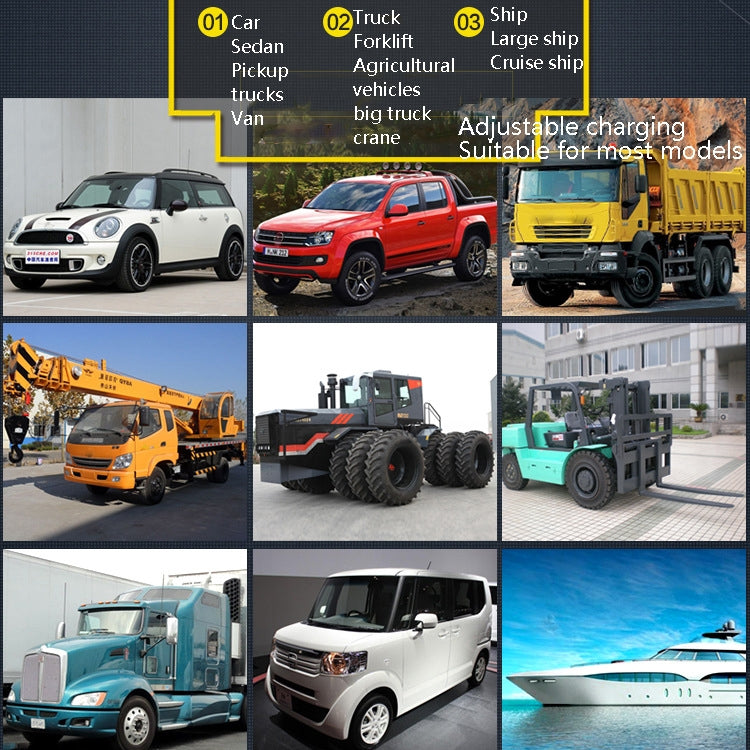 Battery charger use collage with cars, trucks, and ships showing adjustable charging