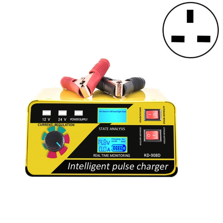 Yellow intelligent pulse battery charger with LCD, power switch, and plug icon