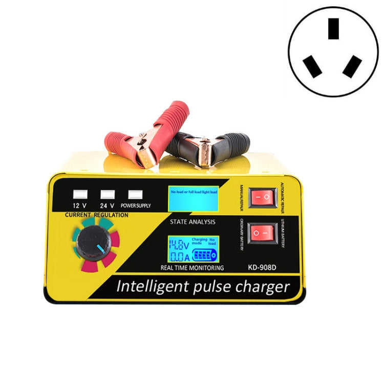 Yellow intelligent pulse battery charger with LCD screen, controls, and plug icon