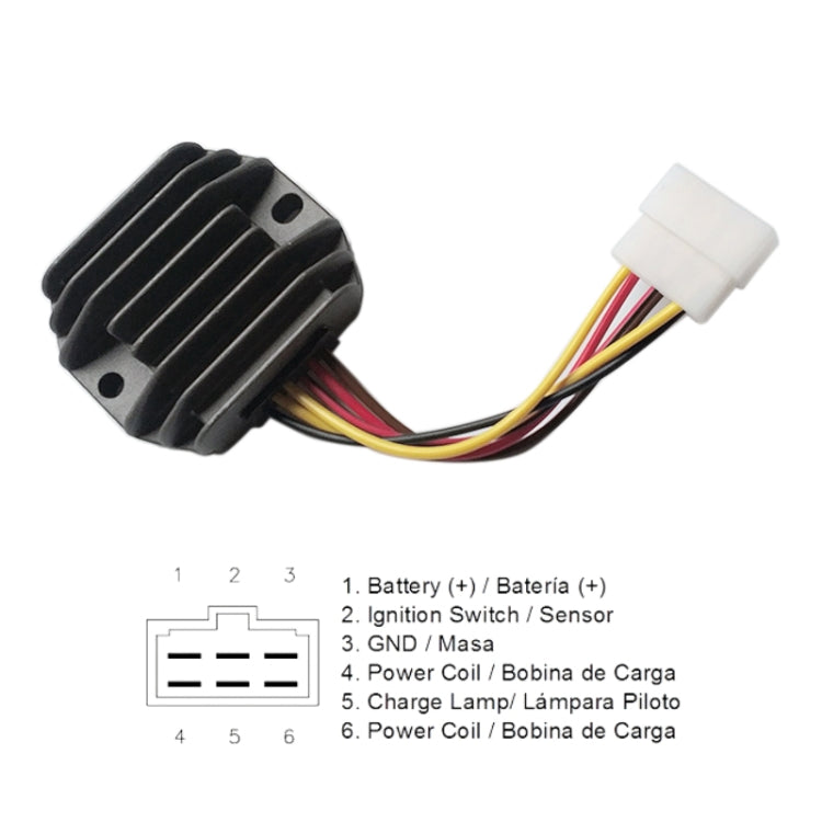Motorcycle voltage rectifier/regulator with black heatsink and white plug with multicolor wires