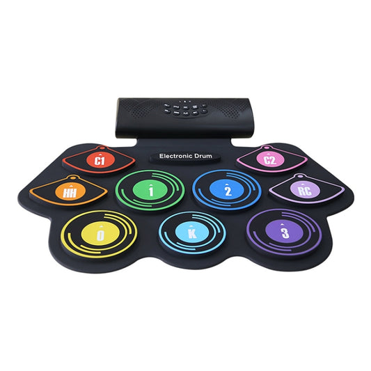Electronic drum set controller with nine colored touch pads and a dark speaker bar