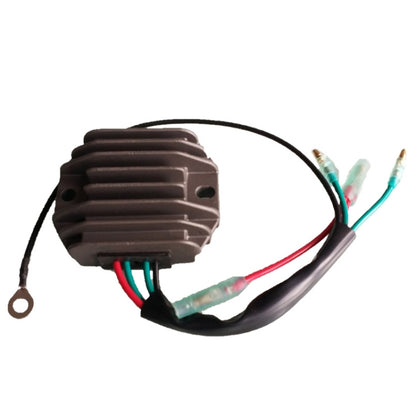 Motorcycle rectifier/regulator with finned metal housing, black cable, colored wire terminals