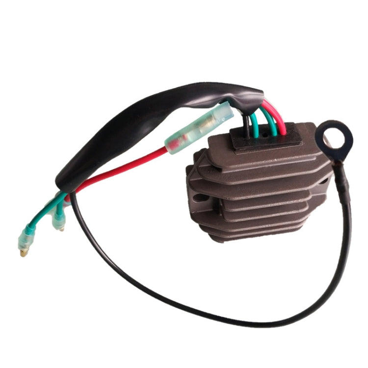 Motorcycle rectifier/regulator with finned case and multi-wire harness, mounting hole