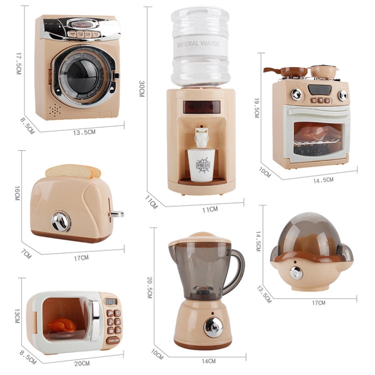 Toy kitchen appliance set size diagram with washing machine, oven, microwave, water dispenser