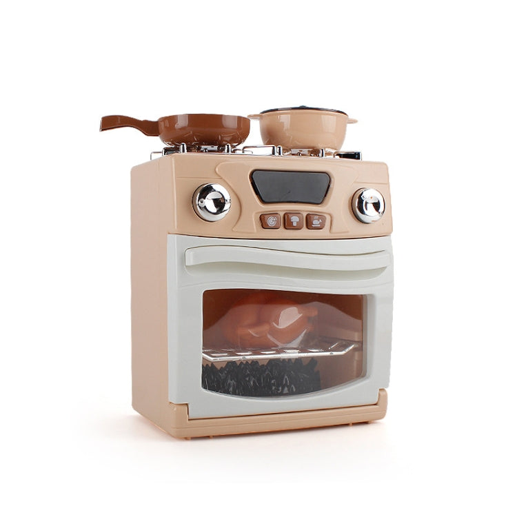 Toy stove oven with countertop burners, pots, and open oven door