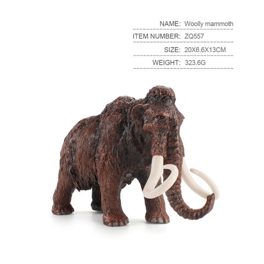 Woolly mammoth figure toy, dark brown with ivory tusks and detailed face