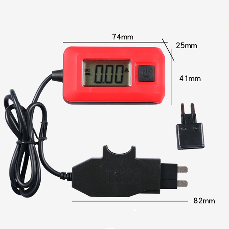 Red digital fuse tester with LCD screen, black fuse test head, and power cord
