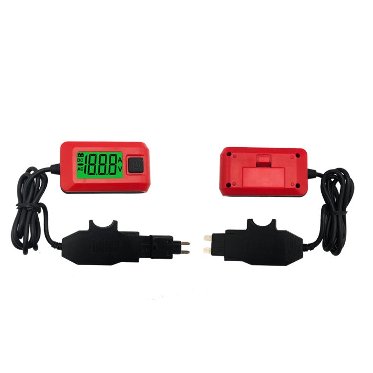 Red DC fuse current detector front and back views with black fuse test connectors