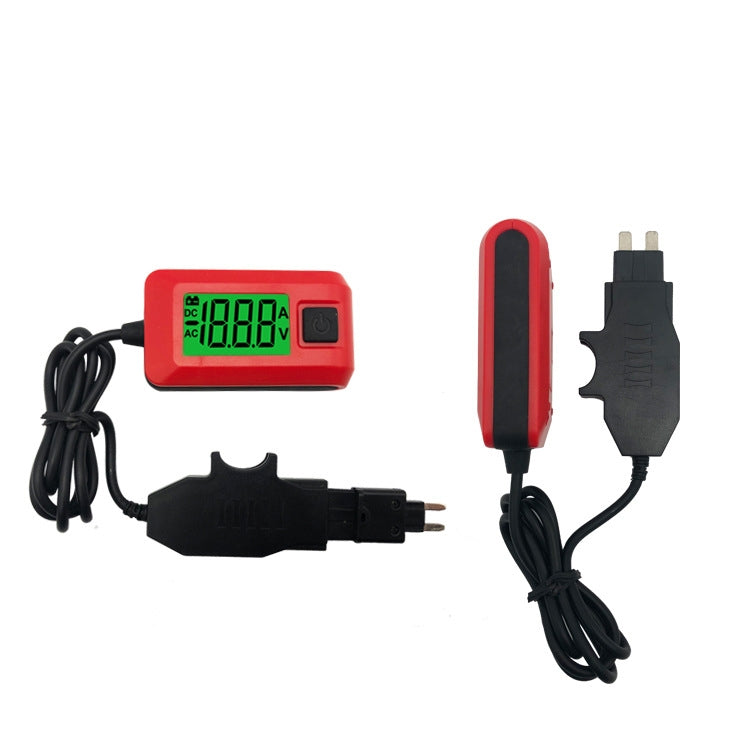 Red fuse current detector with LCD display and red-handled probe plus black power lead