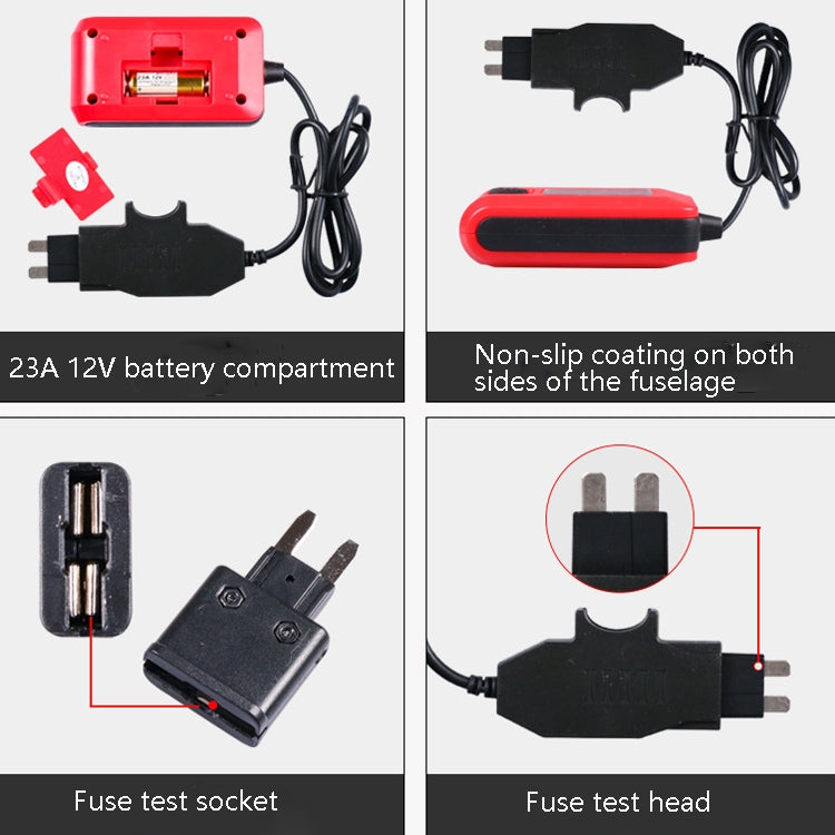 Red fuse tester showing fuse test head and socket, battery compartment, and wiring