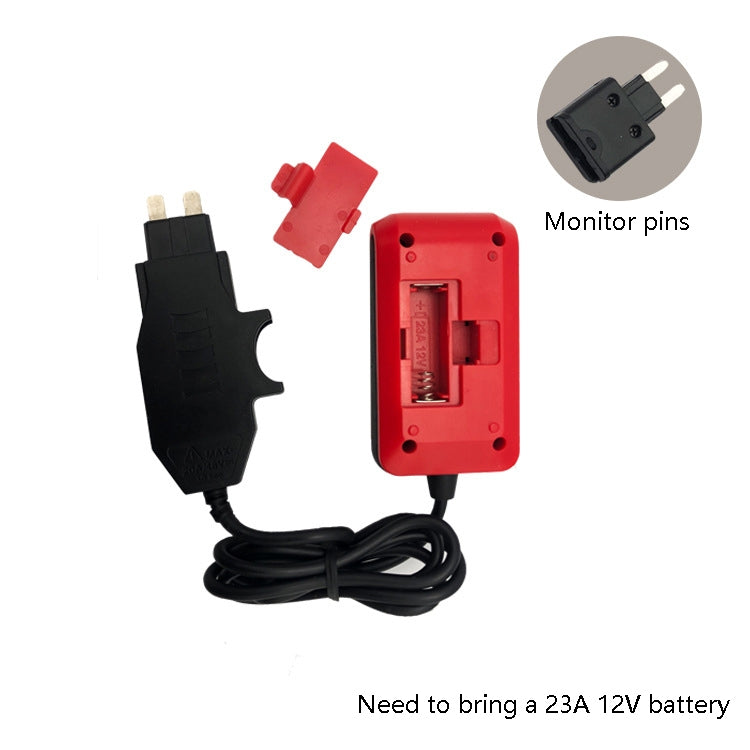 Red fuse current detector with monitor pins, black cable, and fuse test head