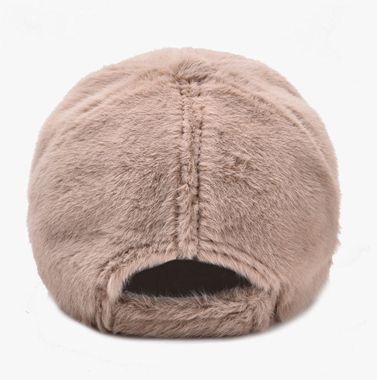 Taupe plush baseball cap with curved brim and small M logo
