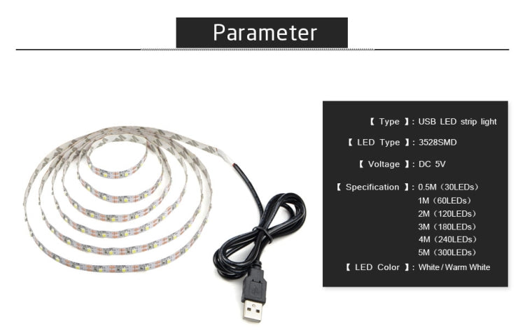 USB LED strip light set showing coiled strip and black USB cable