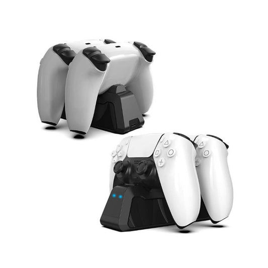 Dual controller charging dock with black and white PS5 controllers and blue LED