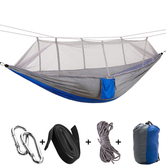 Double outdoor hammock with mosquito net, blue edge and gray fabric