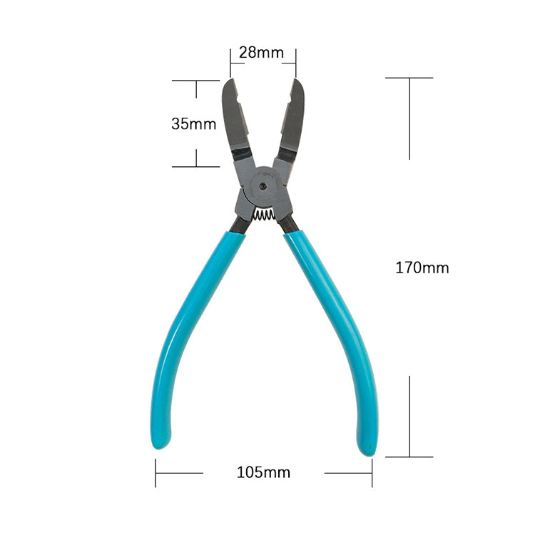 Car trim clip pliers size diagram with blue handles and dark metal jaws