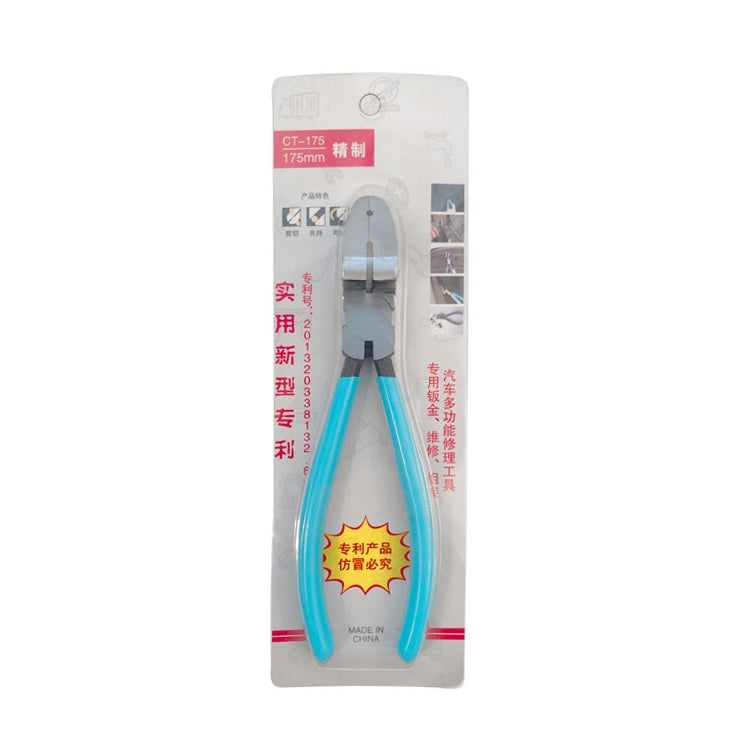 Car trim clip pliers in retail blister packaging with blue and gray handles