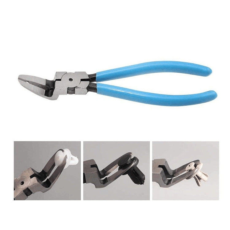 Car trim clip pliers side view with blue grips and angled dark metal jaws