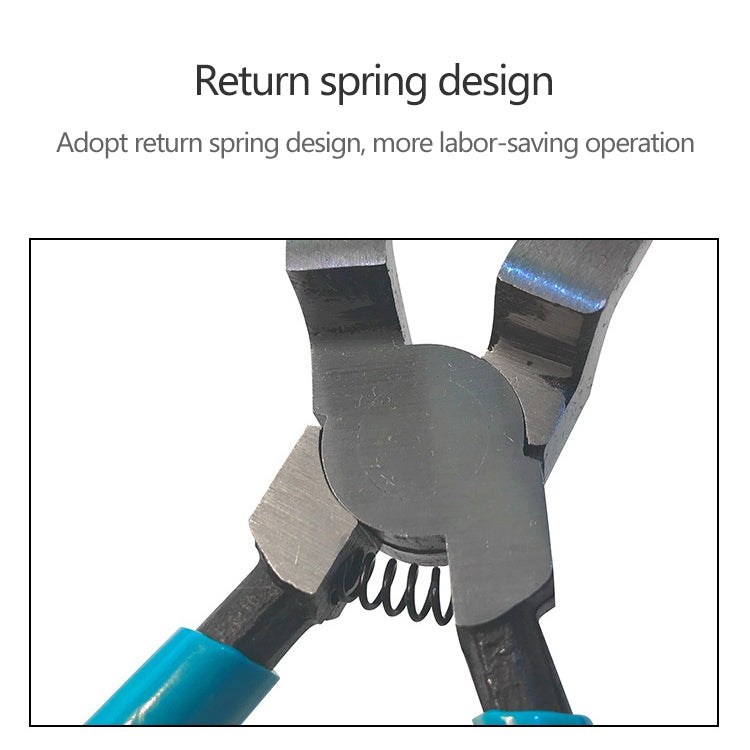 Close-up of car trim clip pliers jaws and spring mechanism
