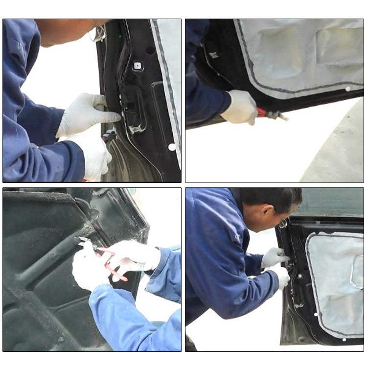 Car trim clip pliers being used to remove door panel clips on a vehicle