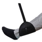 Black padded foot rest hammock with adjustable straps, shaped to fit under feet