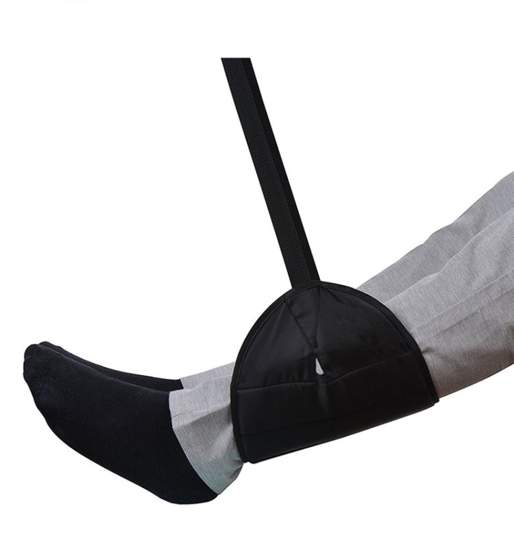 Black padded foot rest hammock with adjustable straps, shaped to fit under feet