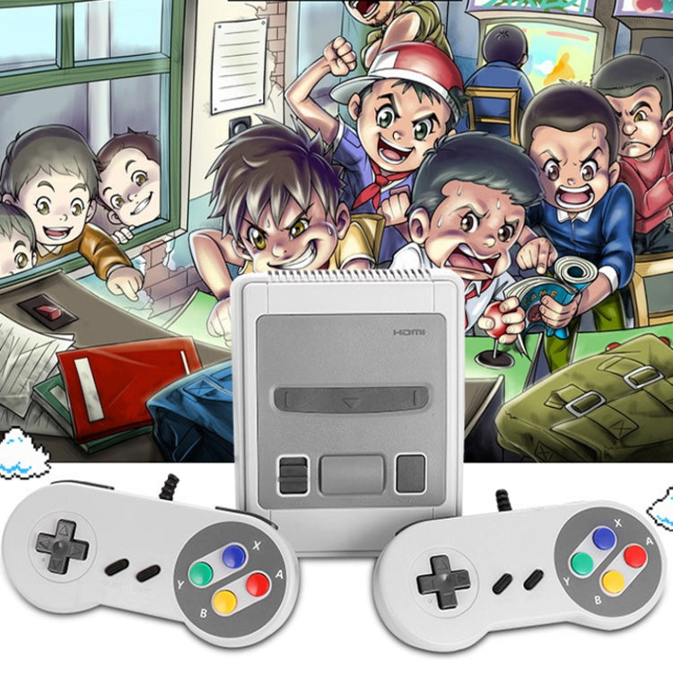 Mini 8-bit TV game console with two gray controllers, front handheld gamepad buttons