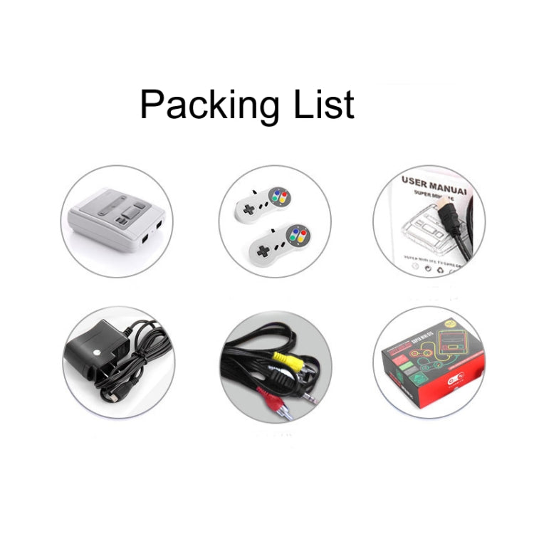 Accessory packing list icons for mini TV game console: controllers, cables, and manual