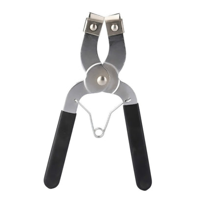 Ring installer pliers with black handles and silver metal jaws