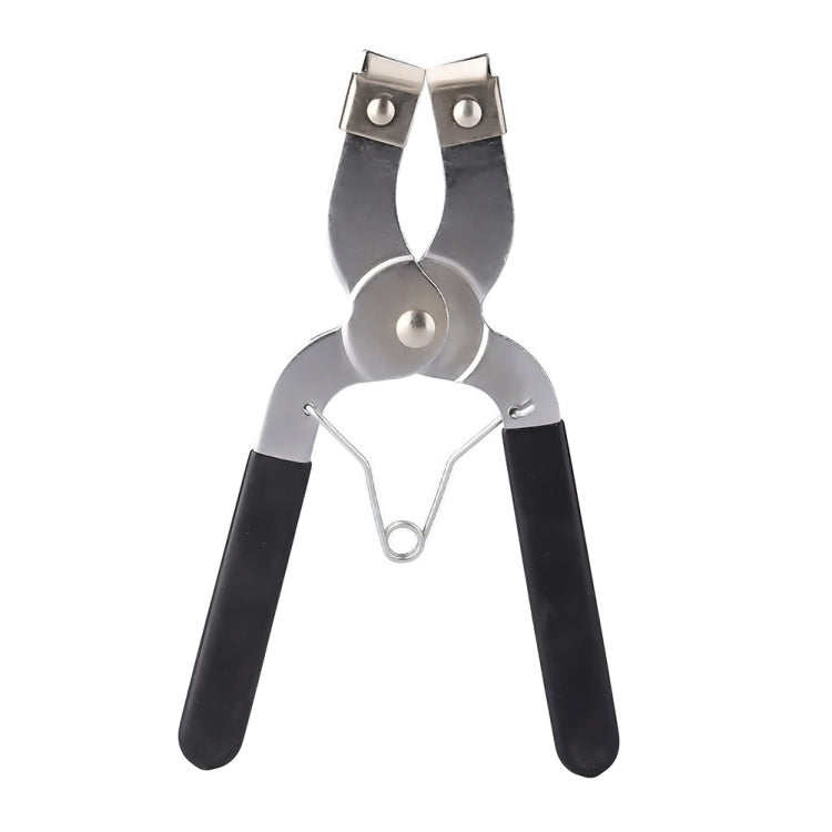 Ring installer pliers, silver head with spring arms and black grip handles