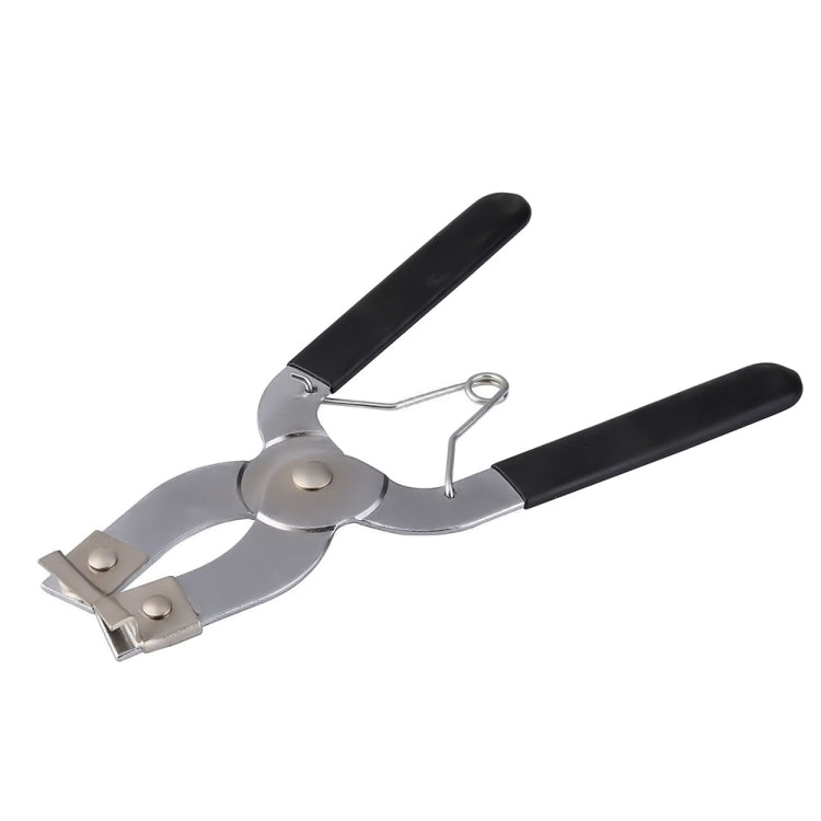 Ring installer pliers tool with silver clamp jaws and black comfort handles