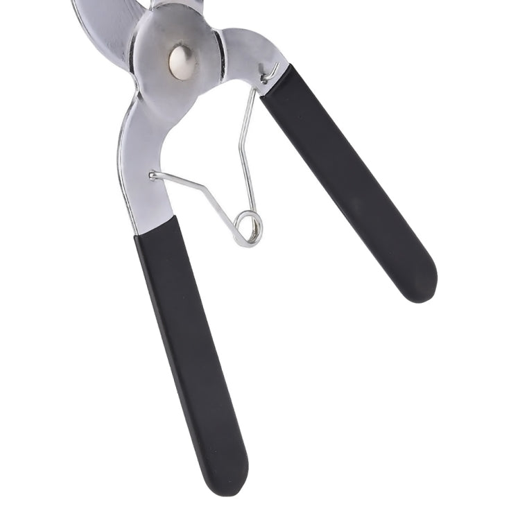 Ring installer pliers with spring wire clip and black rubber handle grips