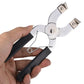 Ring installer pliers held in hand, black grips and silver jaw expander
