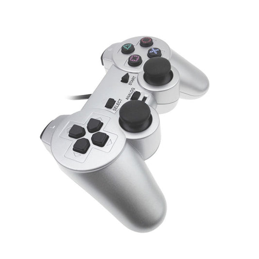 Wired dual-motor vibration gamepad, silver shell with two black analog sticks