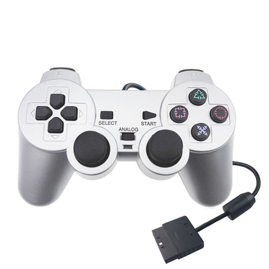 Wired dual-motor vibration gamepad with silver body, twin analog sticks and D-pad