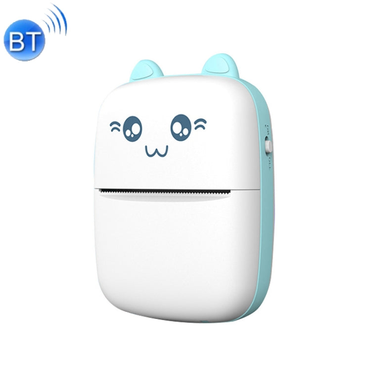 Blue cat-faced mini thermal printer with BT icon, paper feed slot visible