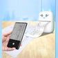 Blue mini thermal printer printing sheets, cat face design on the front panel