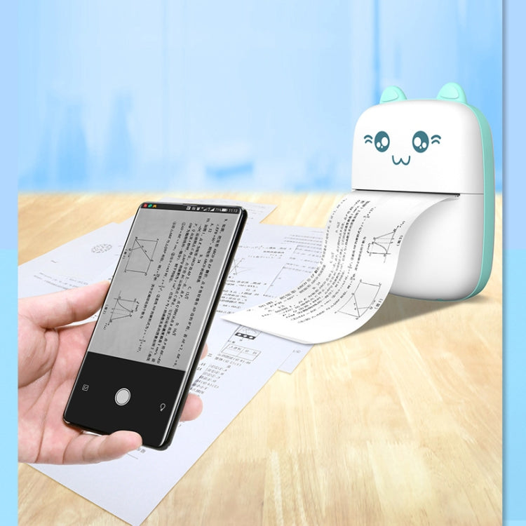Blue mini thermal printer printing sheets, cat face design on the front panel
