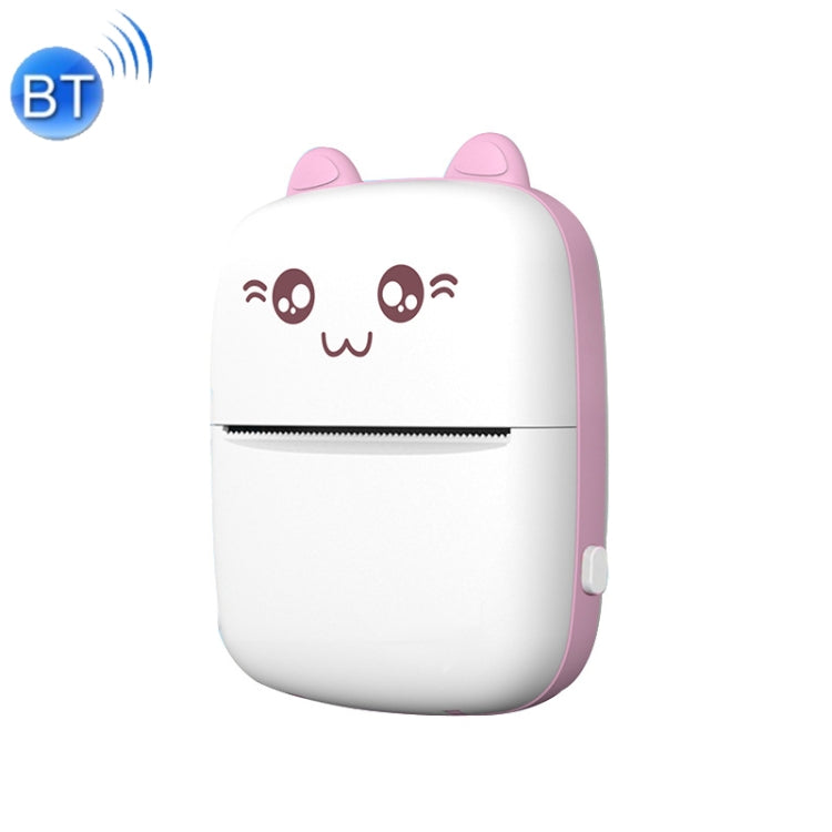 Pink cat-faced mini thermal printer with BT icon, paper feed slot visible