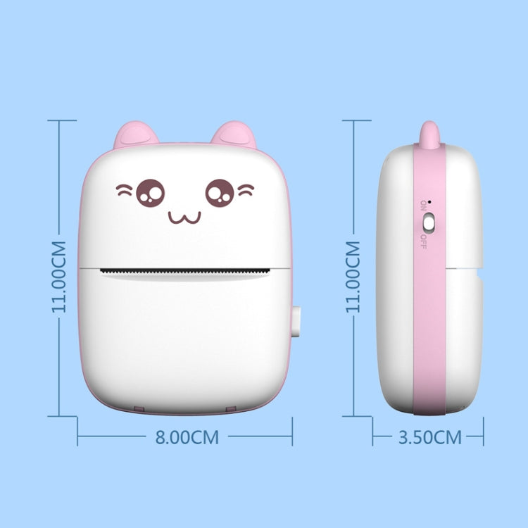 Pink cat mini thermal printer, front and side view with side button visible