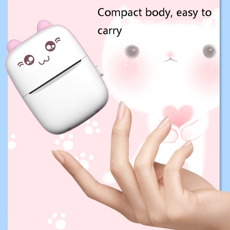 Pink cat mini thermal printer being held, compact white body with cat face