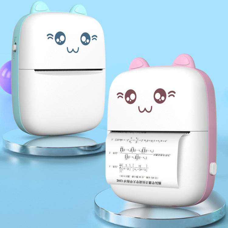 Blue and pink mini thermal printers on stands, cat face design on each unit