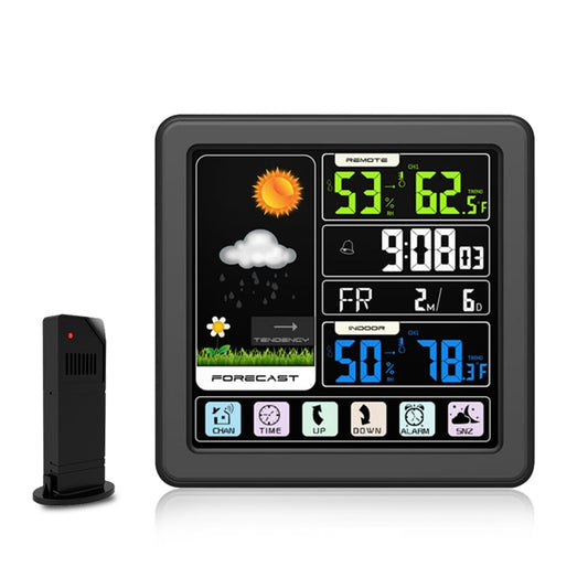 Black wireless weather clock with color touchscreen and forecast temperature display