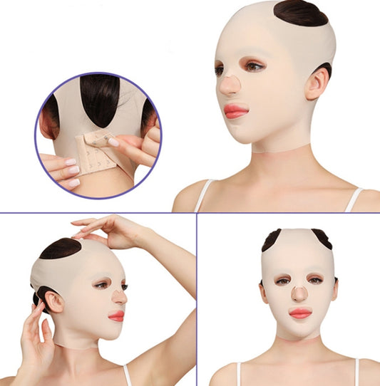 Skin-tone face-shaping bandage mask with side strap and cutouts