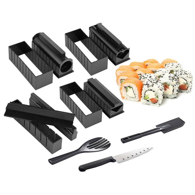 Black sushi roll mold set with sushi knife, spatula, and multi-shape frames